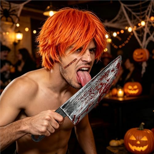 Chucky Wig Scar Tattoos 16 Inch Large Halloween Fake Knife Prop with Fake Blood for Chucky Costume Plastic Halloween Prop Knife for Costume Accessories Horror Cosplay - Image 3