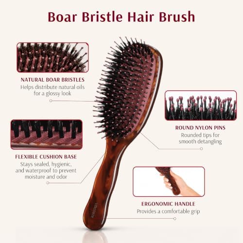VOCOSTE Boar Bristle Hair Brush, Detangling & Shine Paddle Brush Gift Set - Image 2