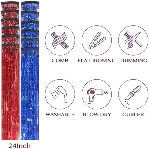 IDN BEAUTY Hair Tinsel Clip In Mixed Red Treasure Blue Sparkle Hair Extensions 24 Inch 12pcs - Image 2