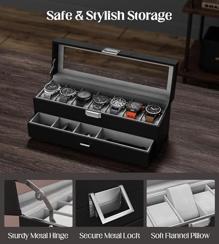 Watch Case Box for Men - 7 SLots Watches Storage Organizer Real-Glass Display Case with Jewelry Drawer 2-Layer PU Leather Collection Holder Gift for Loved Ones Black - Image 4
