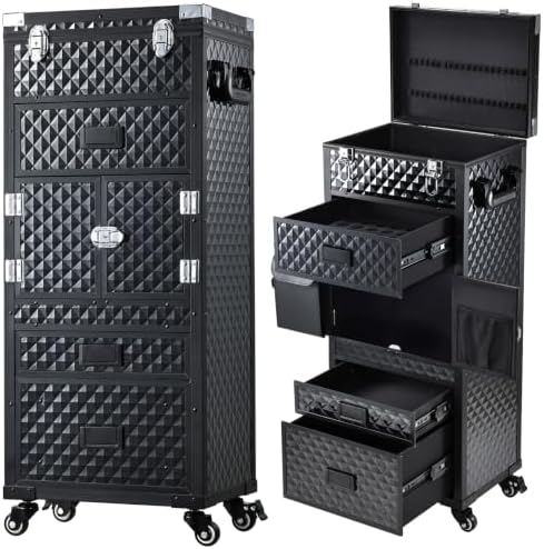 Rolling Makeup Case Salon Cart 5-In-1 Cosmetology Case on Wheels 3 Drawers by Costravio