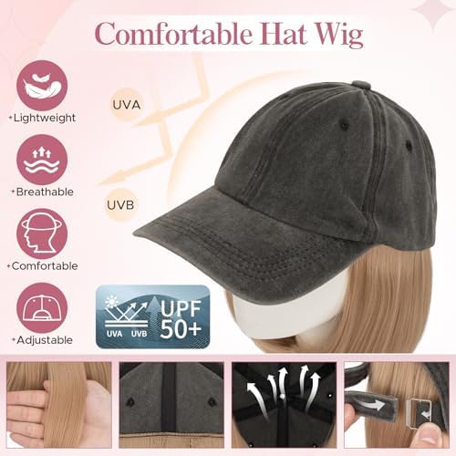 SEGO Unisex Vintage Baseball Cap with Hair Extensions for Women Synthetic Hair Attached Short Straight Hairpiece Dark Gray Baseball Cap Wig Adjustable Hat Wigs for Women 6 Inch 18A Light Blonde - Image 2