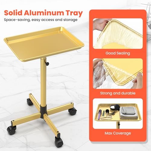TASALON Rolling Salon Tray,Mobile Styling Station with Wheels Aluminum Rolling Tray Trolley for Salon Essentials, Adjustable Heightfor Hairstylist Tray with 10 PCS Disposable Salon Tray Cover,Gold - Image 3