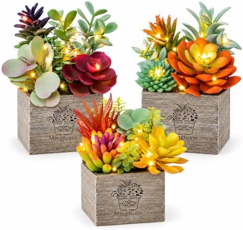 Succulents Plants Artificial Fake Plants with Lights for Bathroom Decor by Mingfuxin