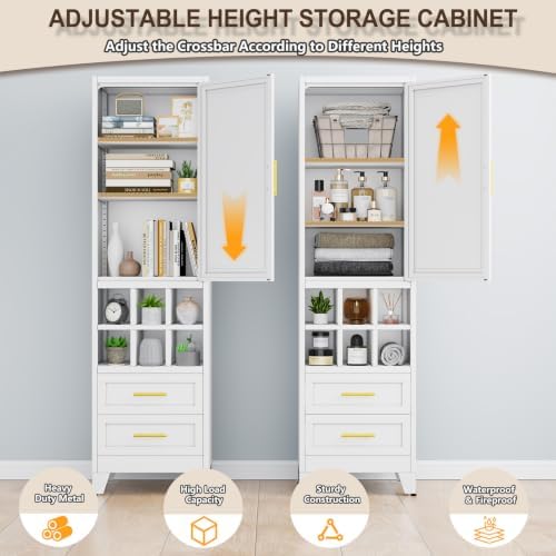 67" Tall Metal Pantry Cabinet, Narrow Freestanding Storage Cabinet, White - Image 4