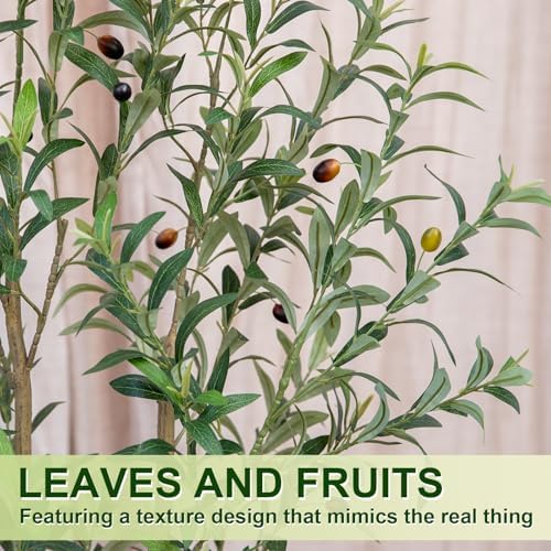 5FT Olive Tree Artificial Indoor, 60in Tall Faux Olive Tree with Pot, Fake Potted Tree with Fruits for Home Office Decor - Image 6
