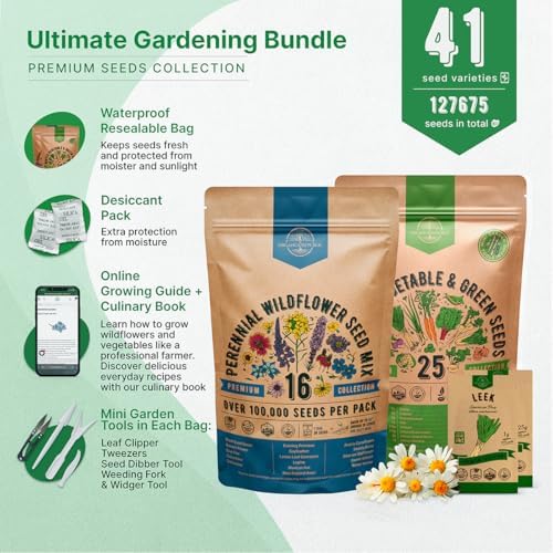 16 Perennial Wildflower & 25 Winter Vegetable & Greens Seeds Variety Pack Bundle, 127,675+ Non-GMO Heirloom Garden Seeds for Planting Vegetable & Flowers for Indoor & Outdoor Gardening - Image 2
