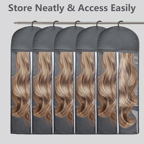 5Pcs 31.5in Hair Extension Holder Wig Storage Bag with Hanger, Grey - Image 6