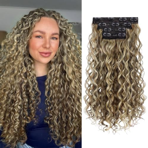 Vigorous Curly Clip In Hair Extensions,4PCS 20 inch Thick Curly Hair Extensions Lace Weft Clip Ins Invisible Natural Synthetic Hairpieces for Women,Ash Brown & Beige Blonde Highlights(130H132) by Vigorous