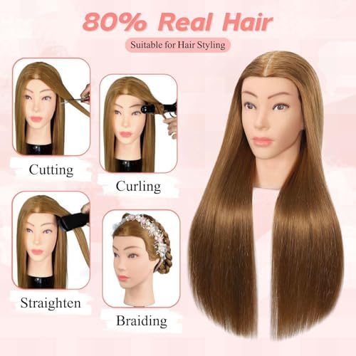 Mannequin Head Human Hair, 80% Real Hair Cosmetology Manikin Head for Practice Braiding Hairstyling Cutting with Free Clamp Holder and Tools (Light Brown) - Image 2