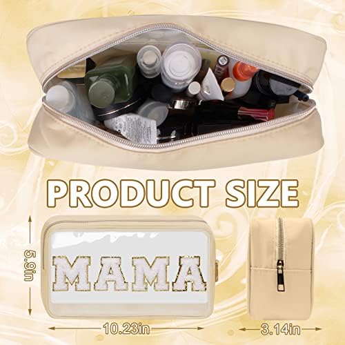 Iqimott Clear Patch Makeup Bag Mama Pouch, Preppy Personalized Chenille Letter Cosmetic Pouch for Travel, Nylon Waterproof Travel Essentials Zipper Toiletry Bags for Women Girls(MAMA, Beige) - Image 2
