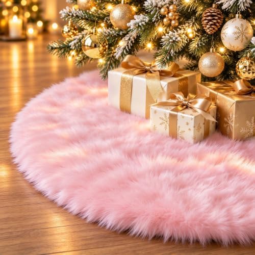 59 Inch Pink Christmas Tree Skirt, Soft Faux Wool Round Base Cover by Unknown