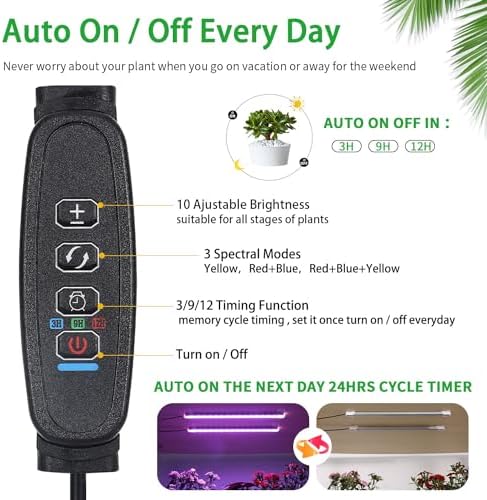 RWNTAO Two Strip Growing Lamp for Indoor Plants, Red & Blue & Yellow Full Spectrum LED Grow Light Strips with Auto ON/Off 3/9/12H Timer,10 Dimmable Levels for Green House Succulent (2 Head 13 in) - Image 2