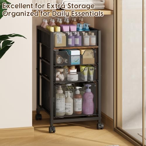 4-Tier Rolling Makeup Cart Organizer with 3 Drawers, Cosmetics Display with 2 Dividers, Floor Skincare Storage with Wheels, Versatile Vanity Organizer for Nail Polish Perfume Brush Hair Tool, Black - Image 6