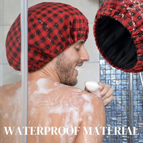 Shower Cap for Men Red Plaid Bath Cap, Reversible Large Waterproof Adjustable Shower Caps Terry Lining & Elastic Band Stretch Hem Hair Hat - Image 3
