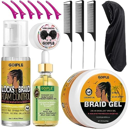 Strong Hold Extra Hold Braiding Gel & Edge Tamer - Tames Frizz, Smoothing Mousse for Twists, Locs, Braids, Cornrows (with Hair Oil, Hair Combs, Bonnet, and Clips) by Goiple