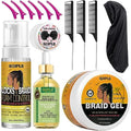 Strong Hold Extra Hold Braiding Gel & Edge Tamer - Tames Frizz, Smoothing Mousse for Twists, Locs, Braids, Cornrows (with Hair Oil, Hair Combs, Bonnet, and Clips) by Goiple