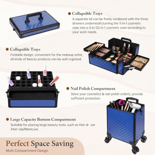 5 in 1 Rolling Makeup Train Case Professional Cosmetic Trolley Large Storage Organizer on Wheels for Hairstylist Artist Nail Beauty Salon Barber Blue - Image 7