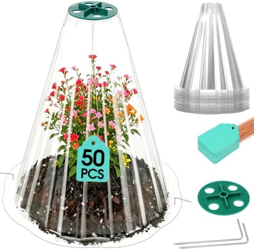 Cloches for Plants, Transparent Plant Covers, Garden Cloches with Humidity Domes, Securing Pegs and Plant Labels, Reusable Plant Protectors from Animals Plant Bell Cover (Transparent-50pcs-S) by Ryscam