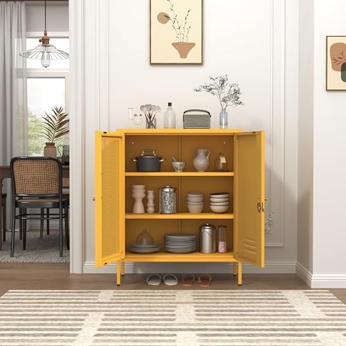 33" Metal Storage Cabinet with 2 Tier Removable Shelves Yellow Lockable Metal Bathroom Vanity Freestanding Sideboard with Mesh Doors for Home Living Room Bedroom Size：33" H X 29.5" W X 13.8" D - Image 4