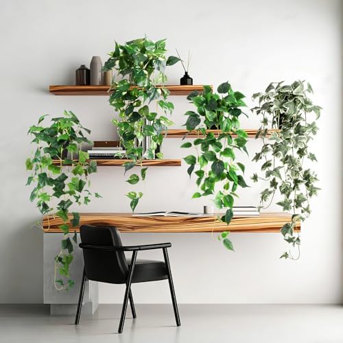 Artificial Hanging Plant with Pots, Fake Pothos Plant for Indoor Outddor, Set of 4 Trailing Faux Potted Plants, Fake Ivy Vines Greenery for Bedroom Kitchen Office Decor, Green White 33In - Image 4