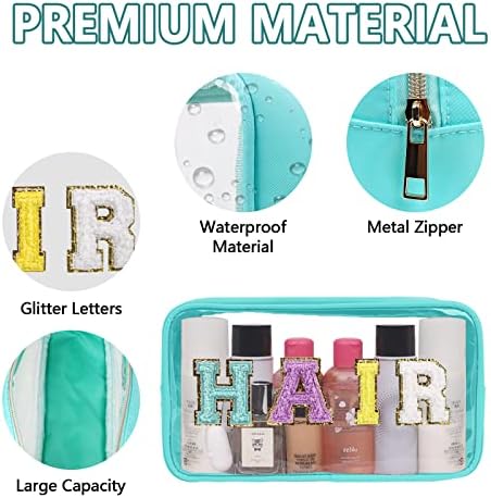 Iqimott Clear Patch Makeup Bag Hair Pouch, Preppy Personalized Chenille Letter Cosmetic Pouch for Travel, Nylon Waterproof Organizer Travel Essentials Zipper Toiletry Bags for Women Girls(Green) - Image 3
