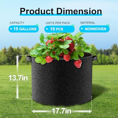 Land Guard 10-Pack Fabric Grow Bags 15 Gallon, Thickened Nonwoven Garden Pots, Growing Bags with Handles, Black - Image 2