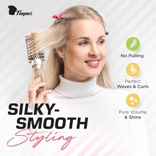 Fagaci Small Round Brush for Blow Drying with Natural Boar Bristle, Hair Styling, Drying, Healthy Hair and Add Volume, Ceramic Gold, Hair Brush + 4 Styling Clips - Image 2