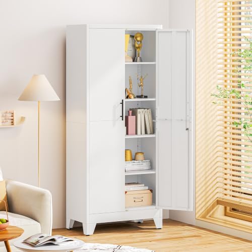 71" White Metal Storage Cabinet with 2 Doors and 4 Adjustable Shelves,Steel Garage Tool Cabinet, File Cabinet,Kitchen Pantry Cabinet for Home,Office,Garage,School,Warehouse - Image 2