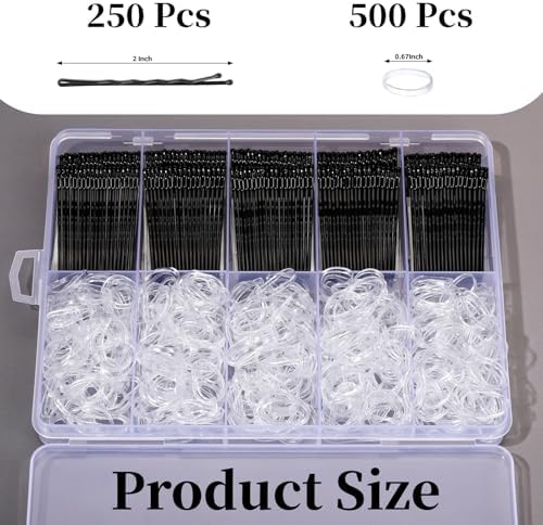 YGDZ 750PCS Bobby Pins Black Kit, 250 Hair Pins for Women, 2 Inch Wave Bobby Pins for Black Hair, 500 Clear Elastic Hair Ties, Bulk Hair Pin for Buns, Hair Accessories for Women, Kids, Girls - Image 2