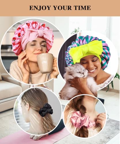 2+3 Large Satin Bonnets with Scrunchies for Women, Hair Bonnet Sleeping Tie Bonnet for Braids Curly Hair - Image 5