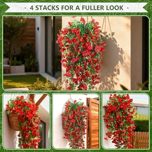 4-Pack Fake Hanging Plants, Faux Hanging Plant Artificial Greenery for Living Room Bedroom Boho Wall Shelf Indoor Outdoor Decor (Red Morning Glory) - Image 5