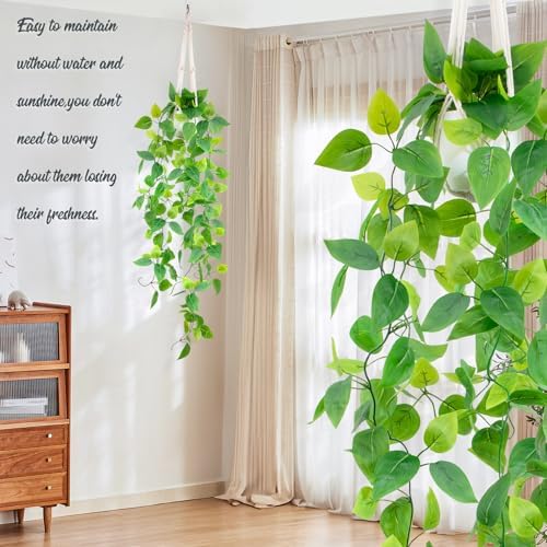 LOYWREE 1 Pack Artificial Hanging Plant Kit with Pot and Hanger - 39" Long Fake Pothos Vines - Hanging Potted Faux Plant Indoor for Wall Ceiling Bedroom Bathroom Living Room Home Decor (White Pot) - Image 5