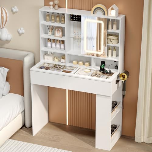 VINGLI Vanity Desk with Sliding Mirror and Lights, Glass Top Makeup Vanity Table w/Shelves & Hidden Jewelry Storage & Power Outlets & Hairdryer Holder,54in White Dressing Table Gifts Girls - Image 3