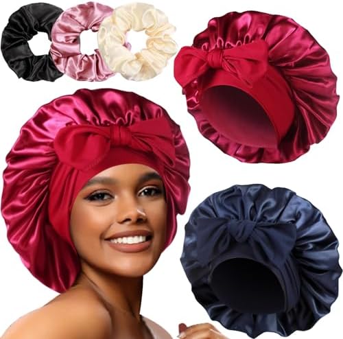 2+3 Large Satin Bonnets with Scrunchies for Women, Hair Bonnet Sleeping Tie Bonnet for Braids Curly Hair by Heniho