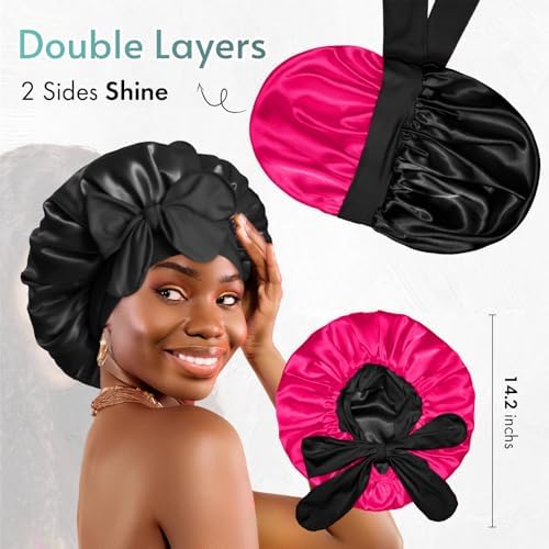 BONNET QUEEN Silk Bonnet for Sleeping Satin Bonnet with Tie Hair Wrap Double Layer Sleep Cap for Women Curly Hair, Black Hot Pink - Image 3
