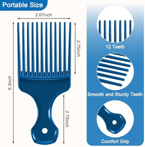 SIMPOR 2 Pcs Hair Pick Comb Wide Tooth Lift for Hair Styling Detangling, Plastic Afro Pick for Women Men, Fist Picks for Curly and Afro Hair (Metallic Blue, Black) - Image 2