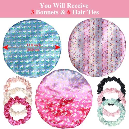 3pcs Satin Bonnets for Kids Sleeping, Cute Hair Bonnet with Scrunchies for Girls Curly Hair, E - Image 2
