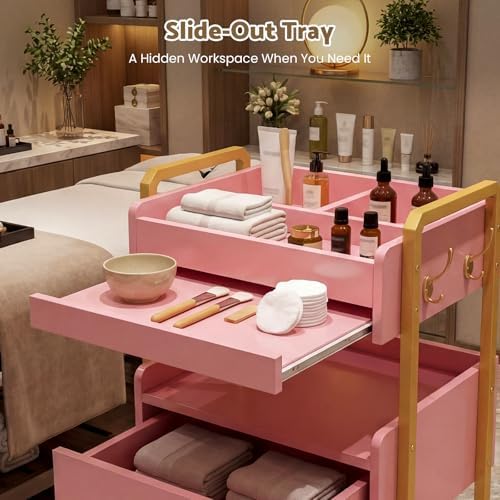 Salon Spa Cart with Storage, 3-Tier Rolling Beauty Storage Cart, Pink - Image 5