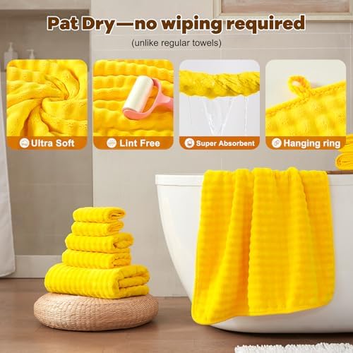 COZYART Lint Free 8 Pcs Bathroom Towels Set Ultra Soft Microfiber Yellow - Image 4