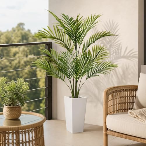Garvee Artificial Palm Tree, 4.5FT Tall Faux Tropical Areca Plants with White Tall Planter, Fake Potted Tree with Lifelike Leaves, Indoor & Outdoor Plant for Living Room Bedroom Home Office Decor - Image 2