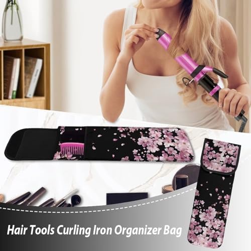 Ohuysud Cherry Blossom Neoprene Curling Iron Storage Bag Heat-Resistant Curling Iron Holder Travel Case for Straightener Pink Portable Hair Tools Storage Bag - Image 5