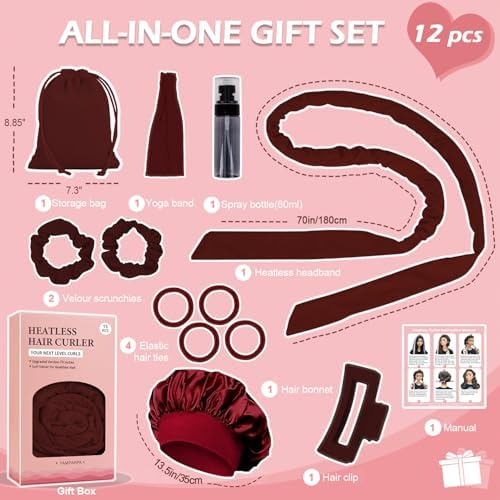 Heatless Curls Overnight Headband, 70'' No Heat Hair Curlers with Hair Bonnet for Sleeping, Wine Red - Image 6