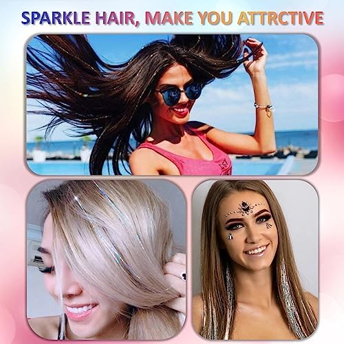 Silver Hair Tinsel Kit 48 Inches 1200 Strands with Tools and Instruction Easy to Install Fairy Glitter Tinsel Hair Extensions for Women and Girls，Shinny Sparkling Braiding Hair Accessories for Halloween Cosplay Party - Image 3