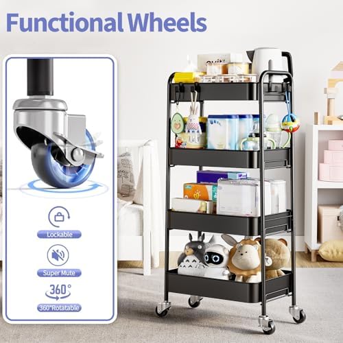 TOOLF 4 Tier Metal Rolling Cart, Utility Storage Cart with Wheels, Black - Image 4