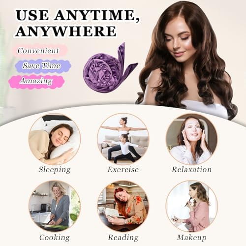Gwabee No Heat Overnight Curl Headband, 70" Soft Ribbon Wrap with 9 PCS Curling Rods and Yoga Strap - Purple - Image 6