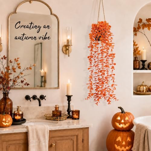 Der Rose 1Pcs Fake Fall Plants Hanging Orange Artificial Potted Faux Eucalyptus Plant Decorations for Fall Thanksgiving Bathroom Table Centerpiece Wall Kitchen Room Decor Indoor and Outdoor - Image 4