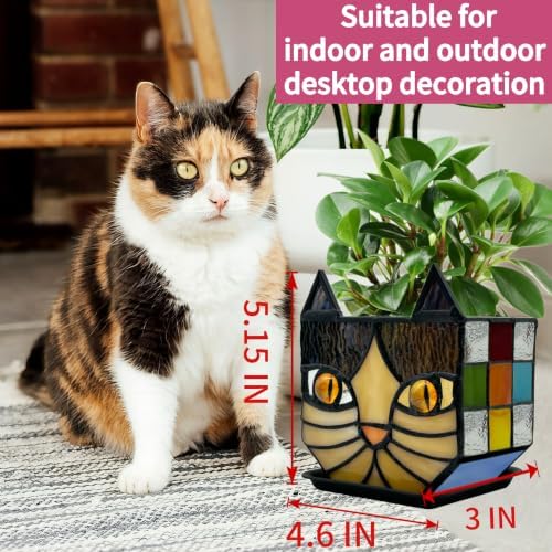 Yellow Cat Plant Pot with Drainage,Cute Planters for Indoor Plants,Stained Glass Cat Flower Pots,Fun Candle Holder Glass Container,Gifts for Gardeners Woman - Image 3