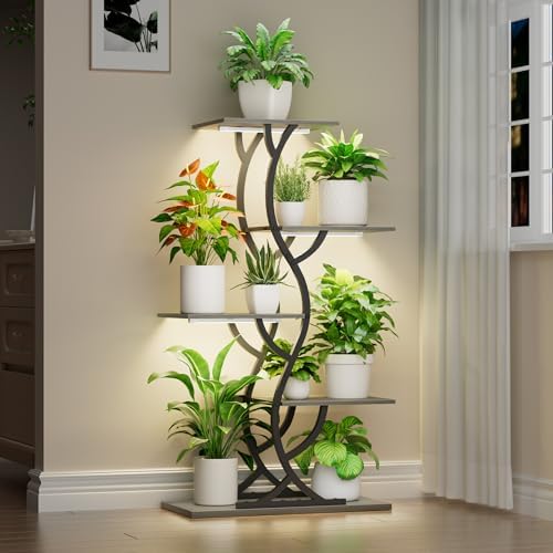 Plant Stand Indoor with Grow Lights - 5 Tiered Corner Plant Shelves (Gray) by EVAWOO