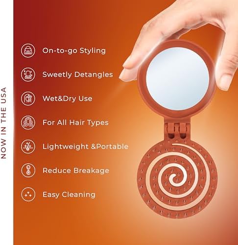 Mini Detangler Travel Hair Brush with Mirror, Makaron Hair Brushes for Women, Men and Kids, Unique 3D Flexible Design for All Hair Types, Styling Accessory, Travel Essentials for Women (DARK ORANGE) - Image 3